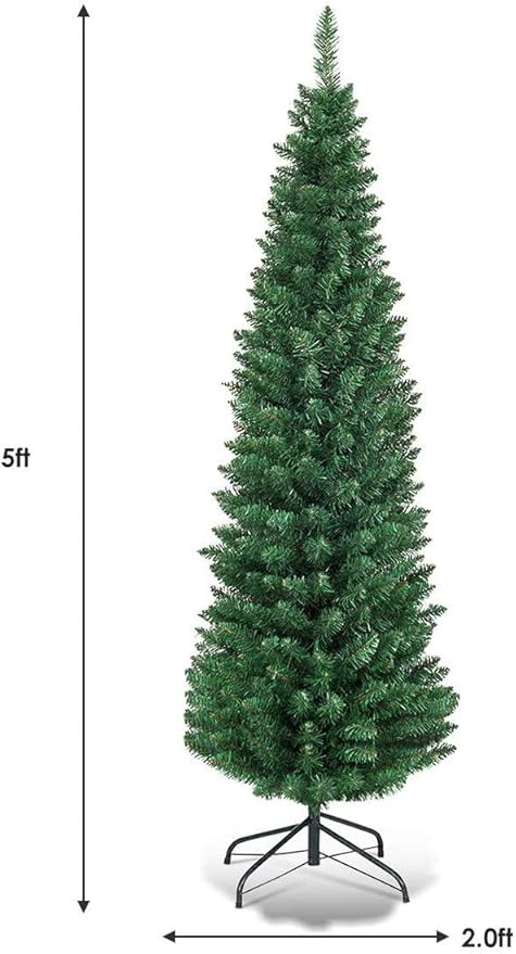 Giantex, Green Artificial Pencil Christmas, Premium Hinged Pine Tree with Solid Metal Legs, Perfect for Home, Shops and Holiday Decoration, (5FT) (Artificial Pencil Christmas Tree)