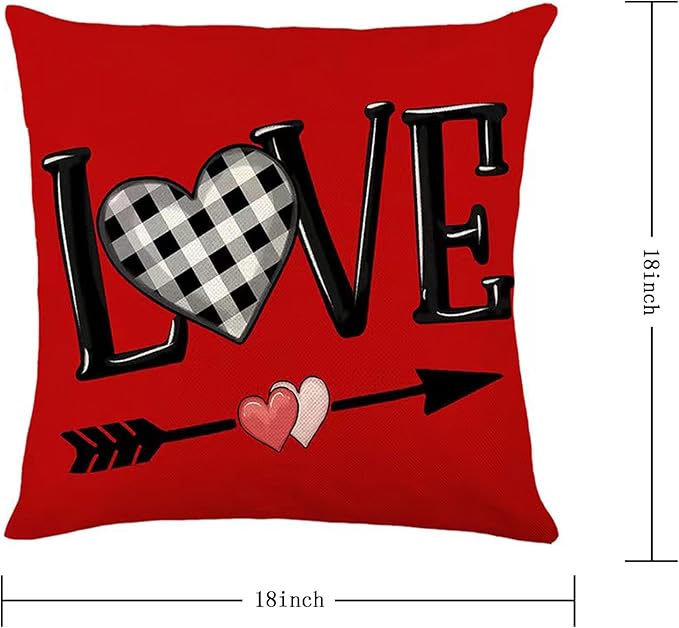 Valentines Day Decorations-Throw Pillow Covers 18x18in Set of 4,Valentine Linen Pillow Case with Red Buffalo Plaid Heart Love Truck for Large Couch Sofa Home Inside Outside Holiday Party Decor