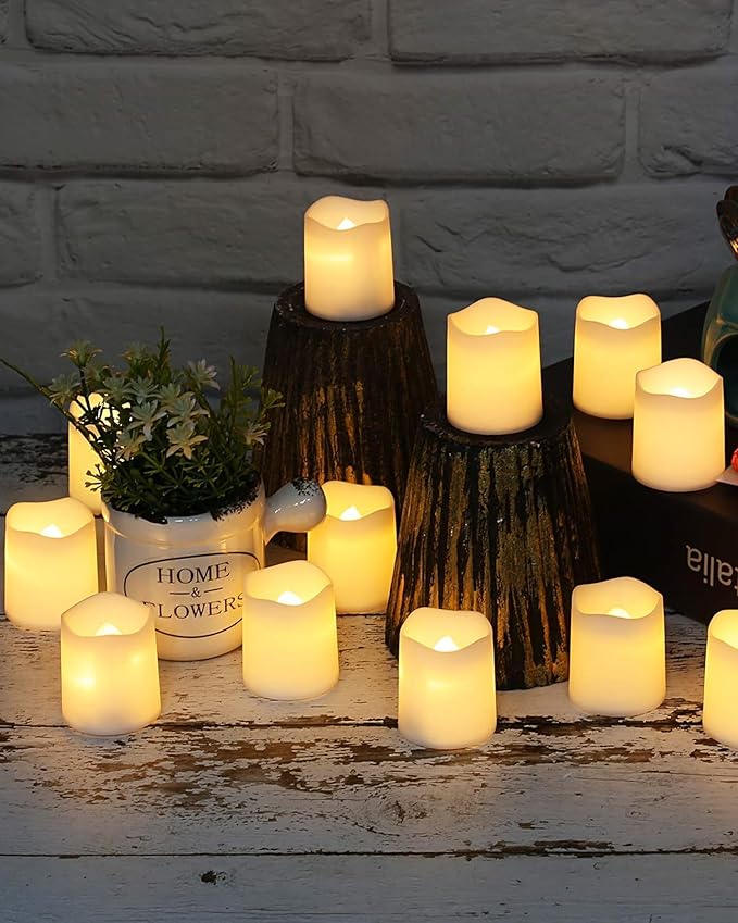 SHYMERY Flameless Votive Candles,Flameless Flickering Electric Fake Candle,24 Pack 200+Hour Battery Operated LED Tea Lights in Warm White for Wedding, Table, Halloween,Christmas Decorations 1.5"X1.7"