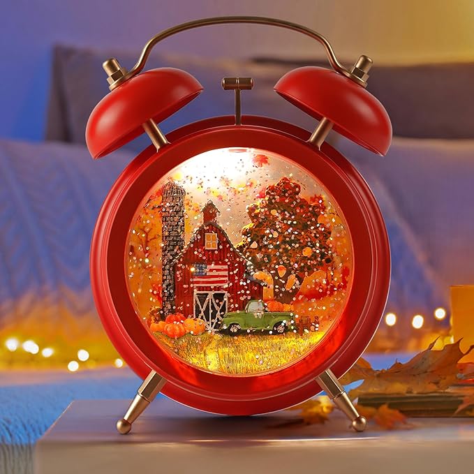 Alarm Clock Fall Snow Globe, Lighted Snow Globe Lantern 6H Timer Thanksgiving Snow Globe Thanksgiving Decorations Fall Decor (Red)