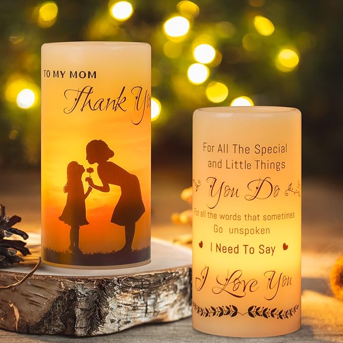 Flameless Candle Gifts for Mom: Birthday Thanksgiving Mother's Day Thank You Mom Candle Gifts for Mother from Daughter or Son Unique Present for Mom Set of 2