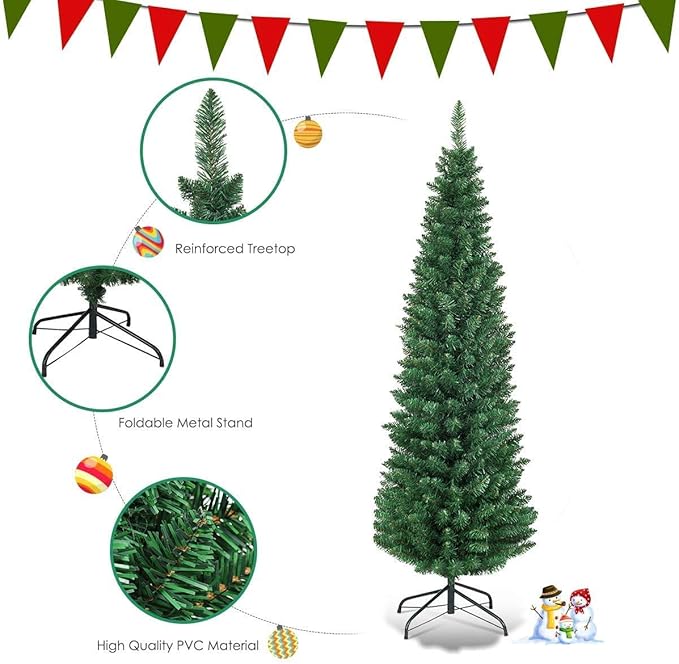 Giantex, Green Artificial Pencil Christmas, Premium Hinged Pine Tree with Solid Metal Legs, Perfect for Home, Shops and Holiday Decoration, (5FT) (Artificial Pencil Christmas Tree)