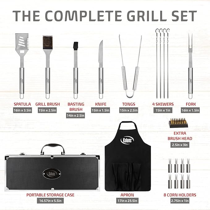 Kaluns BBQ Accessories Grill Tools, Grilling Gifts for Men Dad, Heavy Duty Stainless Steel Barbecue Grill Accessories for Outdoor Grill with Aluminum Case and Apron, Dad Men Gifts for Christmas