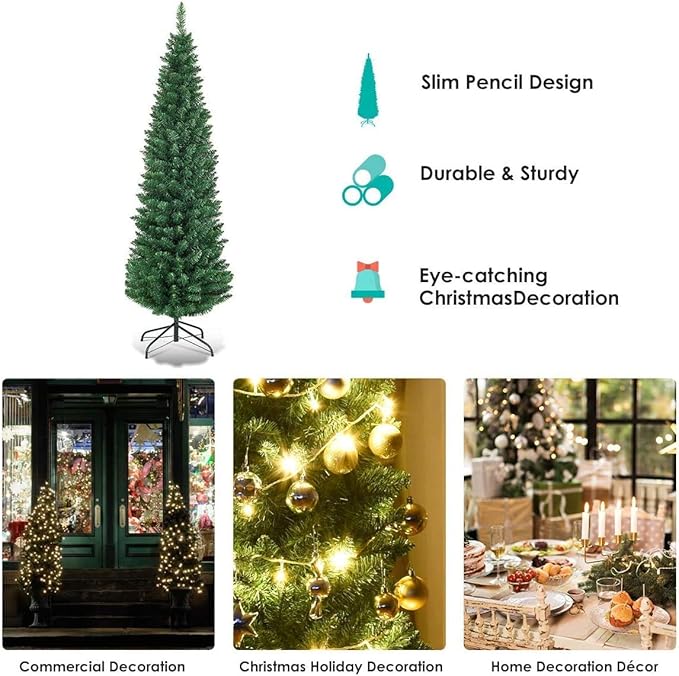 Giantex, Green Artificial Pencil Christmas, Premium Hinged Pine Tree with Solid Metal Legs, Perfect for Home, Shops and Holiday Decoration, (5FT) (Artificial Pencil Christmas Tree)