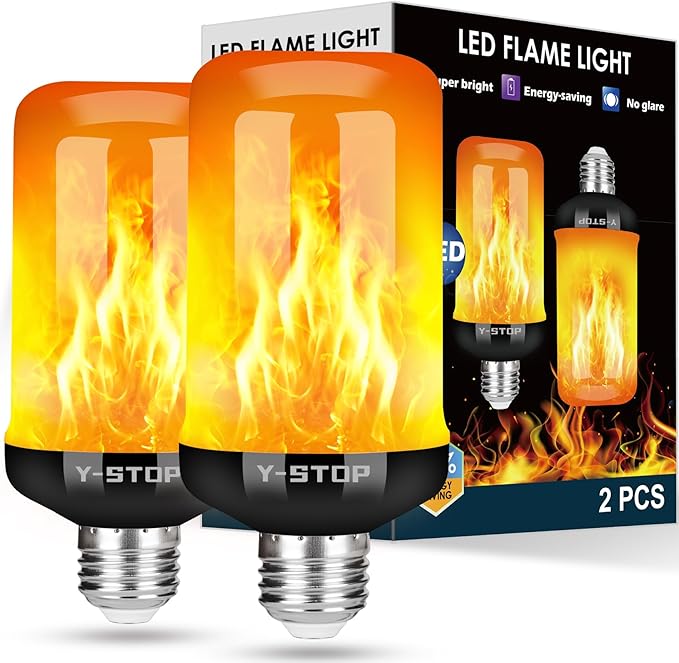 Y- STOP Upgraded LED Flame Light Bulbs, 4 Modes Flickering Light Bulb with Upside Down Effect, E26 Base Fire Bulb for Halloween, Christmas Decorations, Party, Outdoor, Indoor, Home Decor (2 Pack)