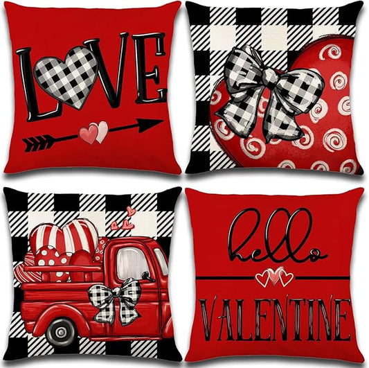 Valentines Day Decorations-Throw Pillow Covers 18x18in Set of 4,Valentine Linen Pillow Case with Red Buffalo Plaid Heart Love Truck for Large Couch Sofa Home Inside Outside Holiday Party Decor