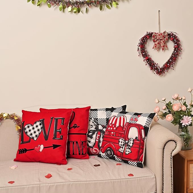 Valentines Day Decorations-Throw Pillow Covers 18x18in Set of 4,Valentine Linen Pillow Case with Red Buffalo Plaid Heart Love Truck for Large Couch Sofa Home Inside Outside Holiday Party Decor