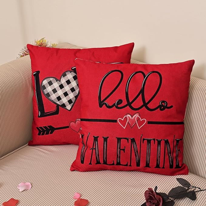 Valentines Day Decorations-Throw Pillow Covers 18x18in Set of 4,Valentine Linen Pillow Case with Red Buffalo Plaid Heart Love Truck for Large Couch Sofa Home Inside Outside Holiday Party Decor