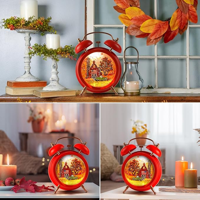 Alarm Clock Fall Snow Globe, Lighted Snow Globe Lantern 6H Timer Thanksgiving Snow Globe Thanksgiving Decorations Fall Decor (Red)