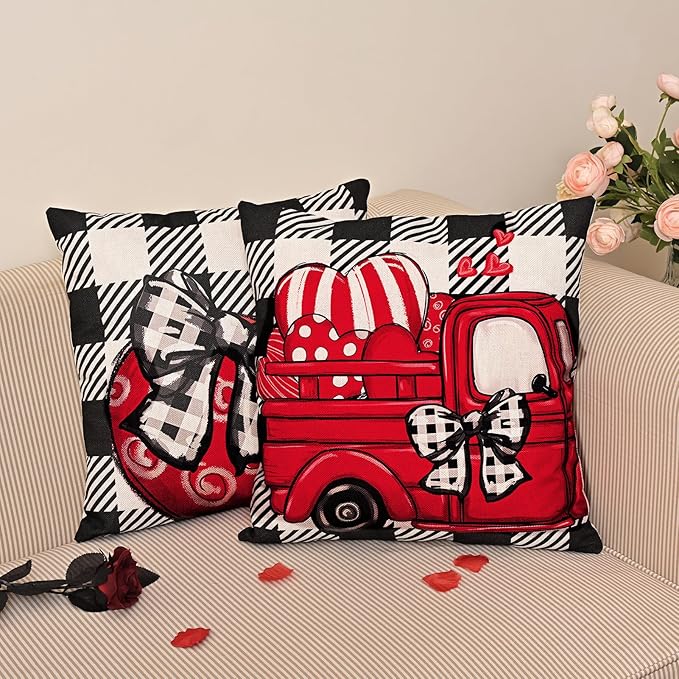 Valentines Day Decorations-Throw Pillow Covers 18x18in Set of 4,Valentine Linen Pillow Case with Red Buffalo Plaid Heart Love Truck for Large Couch Sofa Home Inside Outside Holiday Party Decor