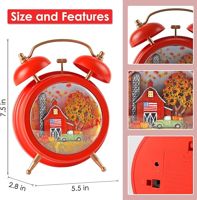 Alarm Clock Fall Snow Globe, Lighted Snow Globe Lantern 6H Timer Thanksgiving Snow Globe Thanksgiving Decorations Fall Decor (Red)