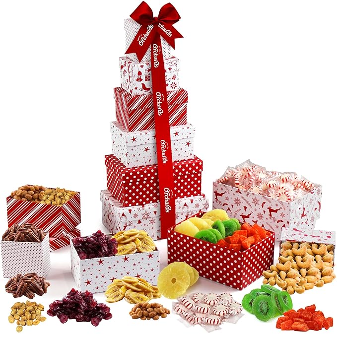 Holiday Gift Basket Tower - with Dried Fruits & Nuts Gourmet Cravings Indulgence - 6 Tier Food Basket Gift Set Great Treat Towers Christmas Gifts Present for Men & Women