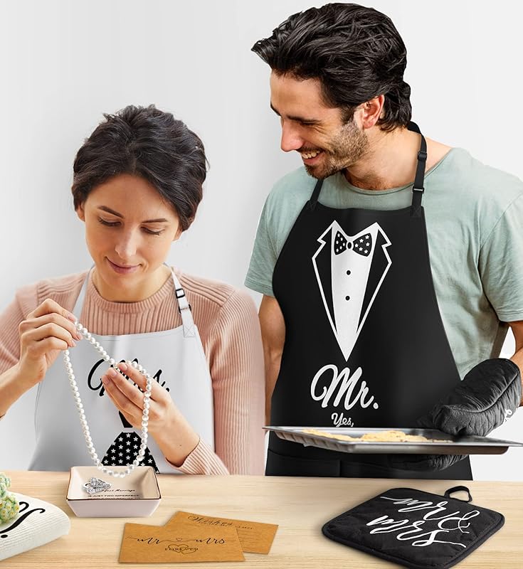 Mr and Mrs Aprons for Couples Gifts - Anniversary, Bridal Shower, Wedding, Engagement gifts for Couples, Christmas Gifts for Couple, His and Her Gifts, 8 Pack Kitchen Cooking Apron Gift Set