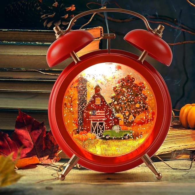 Alarm Clock Fall Snow Globe, Lighted Snow Globe Lantern 6H Timer Thanksgiving Snow Globe Thanksgiving Decorations Fall Decor (Red)