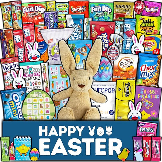 Easter Care Package (50ct) - Candy Snacks Treats Plush Bunny Chocolate Cookies Gift Box Bundle Basket Fillers Stuffers Present Kids Adults Boys Girls College Student Child Grandchildren Toddlers