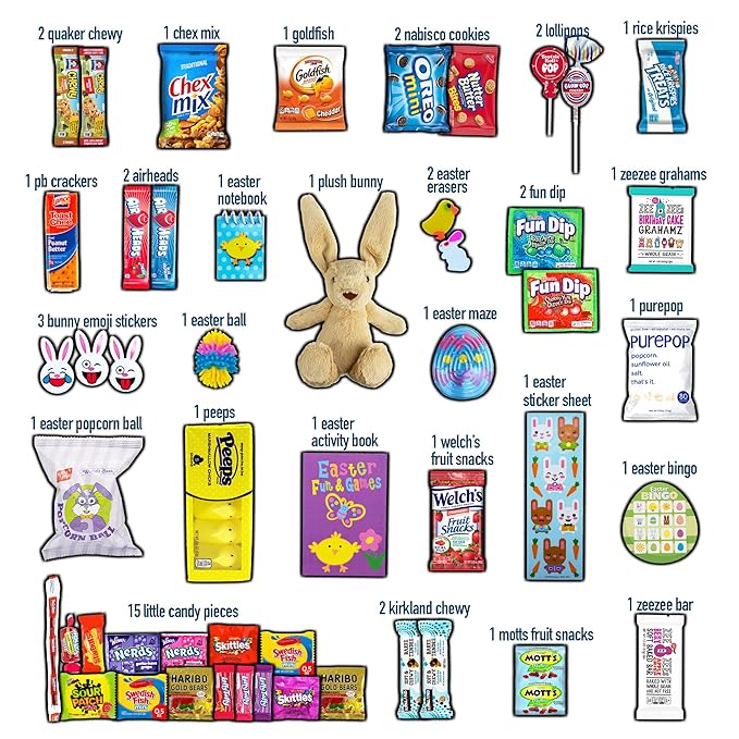 Easter Care Package (50ct) - Candy Snacks Treats Plush Bunny Chocolate Cookies Gift Box Bundle Basket Fillers Stuffers Present Kids Adults Boys Girls College Student Child Grandchildren Toddlers