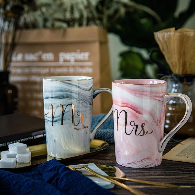 Jumway Mr and Mrs Coffee Mugs - Wedding Gifts for Bride and Groom - Gifts for Bridal Shower Engagement Wedding and Married Couples Anniversary - Ceramic Marble Cups 14 Oz Pink